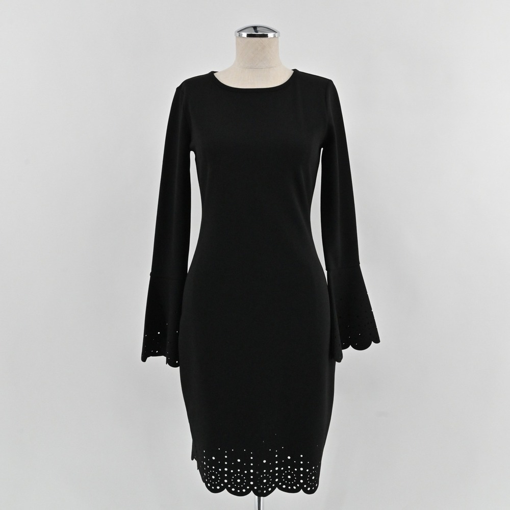 Michael Kors Bell Sleeve Scuba Dress Womens Size XS Black Eyelet Scallop Sheath